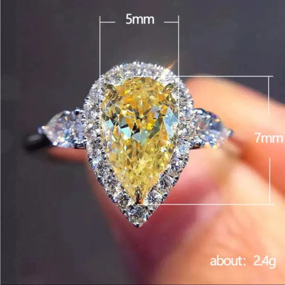 .925 Sterling Silver 2 ct Pear Cut Yellow Sapphire & White Sapphire Ring - Picture 5 of 11